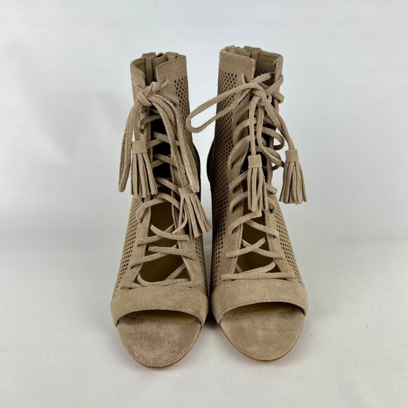 Marc Fisher Womens Shaini Perforated Lace Up Peep Toe Booties Taupe Suede size 8 - Picture 2 of 16